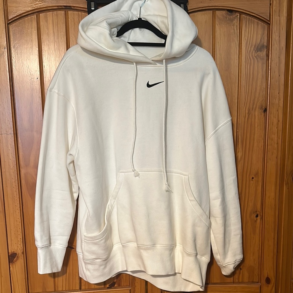 Nike White Pullover Hoodie with Drawstring and Soft Material